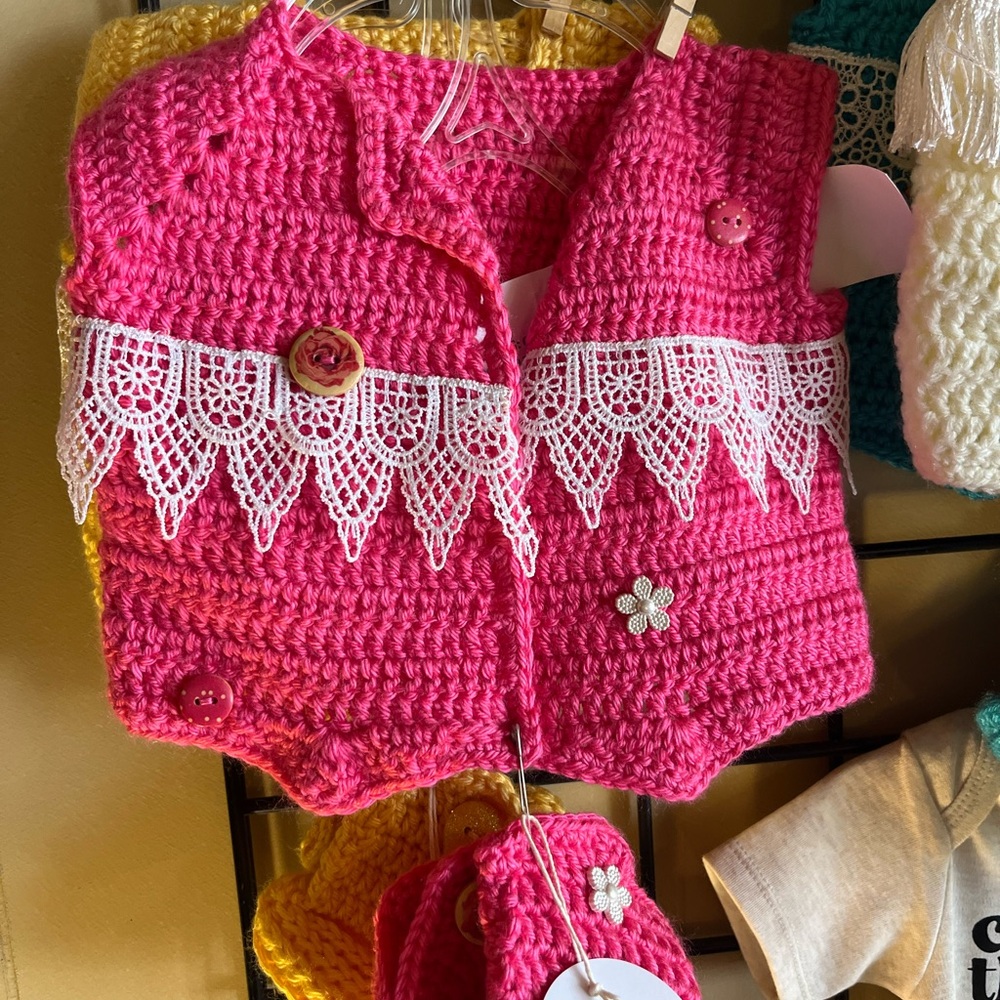 Pink Crochet Vest with Lace Trim and matching booties